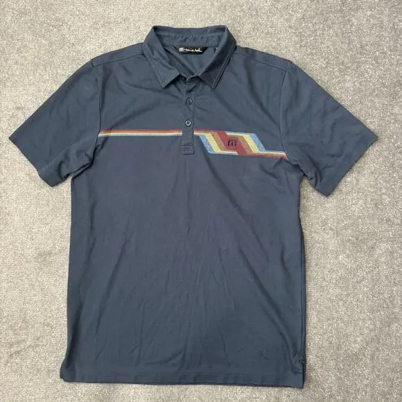 Travis Mathew Polo Shirt Mens Medium Blue Retro Stripe Golf Athletic Casual - Picture 1 of 7